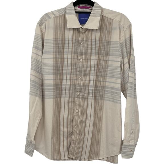 Tommy Bahama Beige Striped Long Sleeve Textured Button-Up Shirt Size Large - Picture 1 of 11